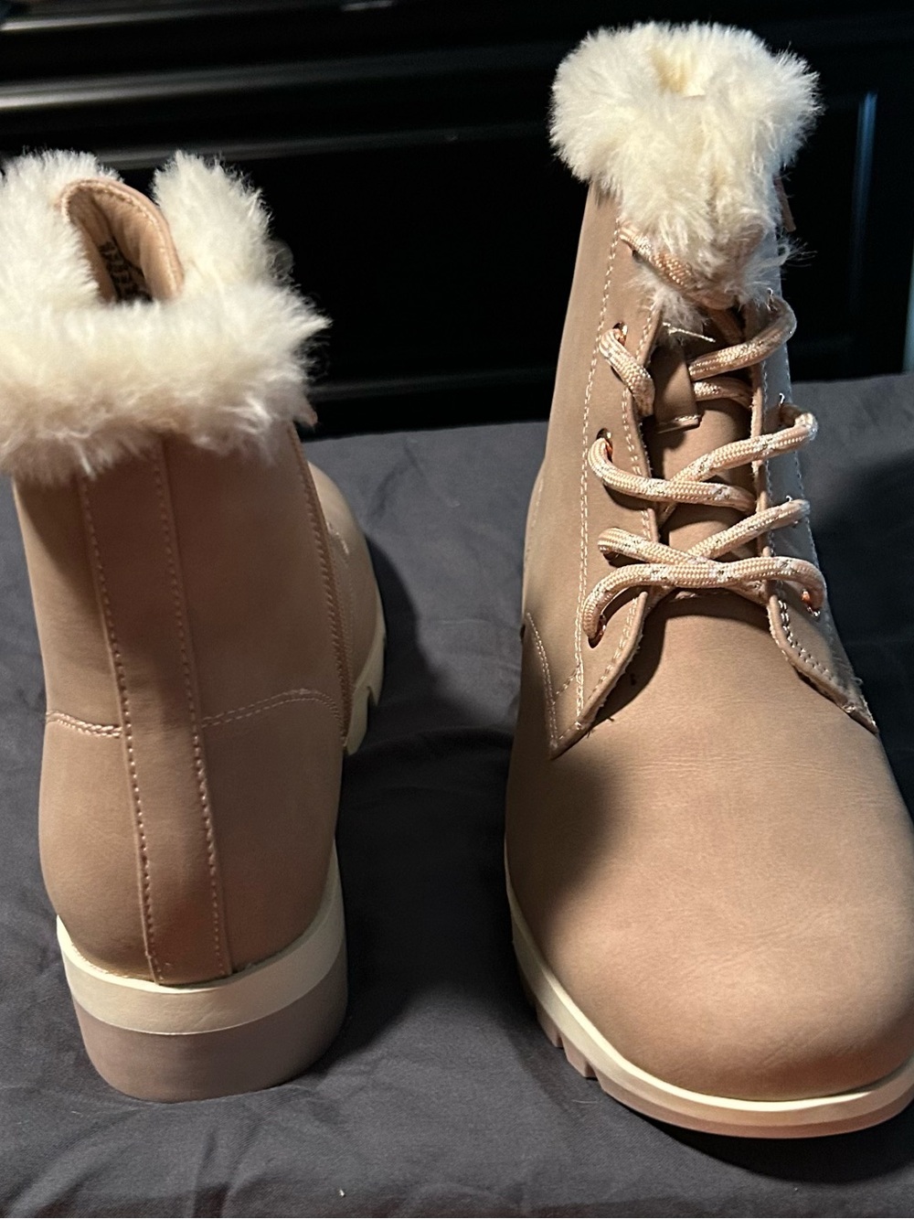 MIA Girls' Tan Faux-Fur Lace-Up Ankle Boots Size 4